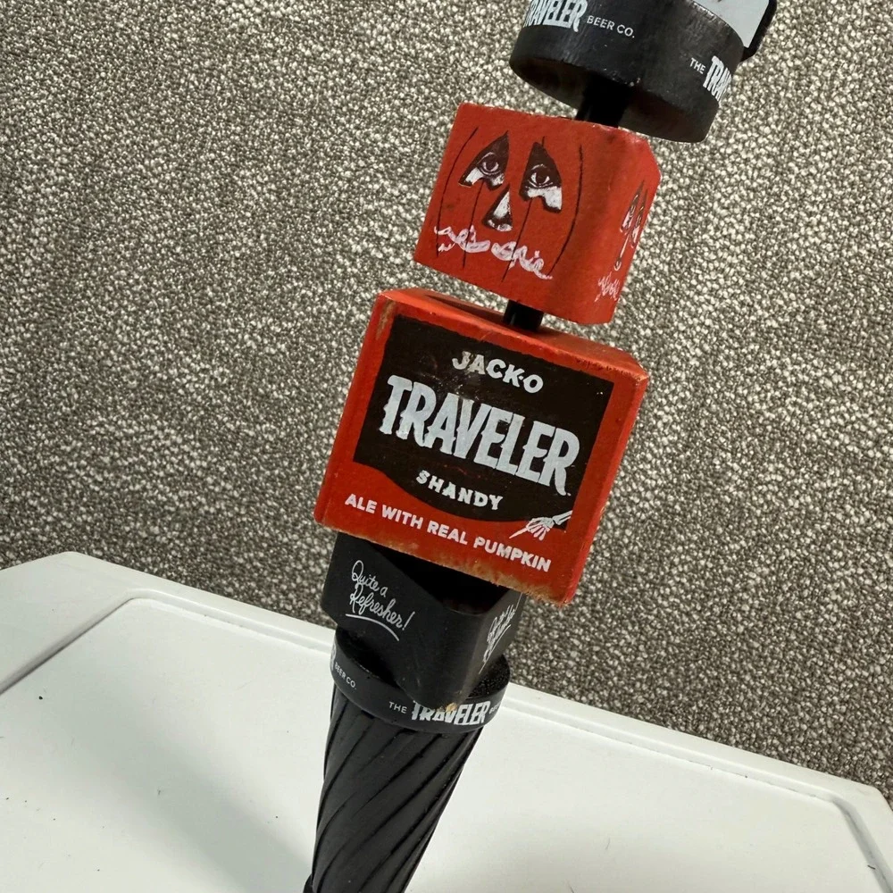 The Traveler Beer Co Jack-O Traveler Shandy Beer Tap Handle Red Black Pumpkin
